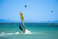 Kitesurfing on Valdevaqueros beach, Gibraltar Strait in Tarifa, Spain