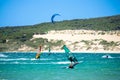 Kitesurfing on Valdevaqueros beach, Gibraltar Strait in Tarifa, Spain