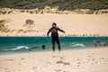 Kitesurfing on Valdevaqueros beach, Gibraltar Strait in Tarifa, Spain