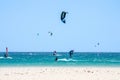 Kitesurfing on Valdevaqueros beach, Gibraltar Strait in Tarifa, Spain