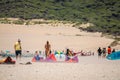 Kitesurfing on Valdevaqueros beach, Gibraltar Strait in Tarifa, Spain