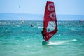 Kitesurfing on Valdevaqueros beach, Gibraltar Strait in Tarifa, Spain