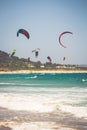Tarifa,Spain-May 15,2015:kites flying over Tarifa beach Royalty Free Stock Photo