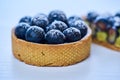 Tarlets dessert from pistachio and chocolaty bakery dough with blueberry decoration Royalty Free Stock Photo