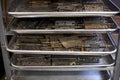 Tarnished hinges dry out on shelving in a bookbinders studio.