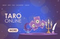 Taro online vector flat landing page template. Table with candles, magic ball, and witchcraft taro cards with sun sign.