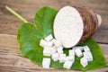 Taro root with half and slice cubes on taro leaf and wooden background, Fresh raw organic taro root ready to cook Royalty Free Stock Photo