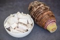 Taro root with slice cubes on bowl and dark background, Fresh raw organic taro root ready to cook Royalty Free Stock Photo