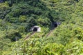 Taroko National Park, Taiwan - May 23, 2023: Captivating image showcases the picturesque beauty of two railway tunnels penetrating