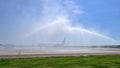 Tarom airplane first landing in Otopeni airport , water jets for inauguration