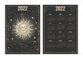 Tarot calendar 2022, sun with face in astrological boho design. Week starts on Sunday. Vertical two-sided calendar