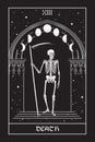 Tarot card Death Grim Reaper with the scythes in front of the gothic arch with moon vector illustration. Hand drawn gothic style Royalty Free Stock Photo