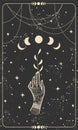 Tarot card with hand holding plant and moon. Magical boho design with stars, engraving stylization, witch cover in vintage design Royalty Free Stock Photo