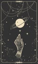 Tarot card with hand and planet. Magic card, boho design, tattoo, engraving, cover for the witch. Golden mystical hand