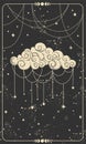 Tarot card with ornate cloud. Magic card, boho style design, witch card, prediction, mystical hand symbol on black