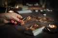 Tarot card reader arranges cards in a card spread. Fortune-telling concept Royalty Free Stock Photo