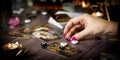 Tarot card reader arranges cards in a card spread. Fortune-telling concept Royalty Free Stock Photo