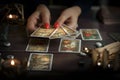 Tarot card reader arranges cards in a card spread. Fortune-telling concept Royalty Free Stock Photo