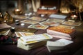 Tarot card reader arranges cards in a card spread. Fortune-telling concept Royalty Free Stock Photo