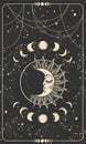 Tarot card, sleeping moon with a face on a black sky background, phases of the moon, mystical boho background for