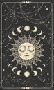 Tarot card with sun with face, moon phases and stars. Magic card, bohemian design, tattoo, engraving, witch cover. Golden mystical