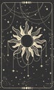 Tarot card with sun, jewelry and stars. Magic card, bohemian design, tattoo, engraving, cover for the witch. Golden mystical hand