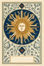 Tarot card with a sun white face in the middle. Astrology arcana cards or occult ritual vector illustration.