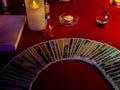 The tarot card on the table of fortune teller using occult divine power magic to forecast Royalty Free Stock Photo