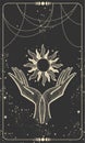 Tarot card with two palms holding the sun. Magic boho design with stars, engraving stylization, cover for the witch. Golden Royalty Free Stock Photo