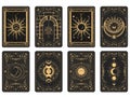 Tarot cards batch reverse side, magic frame with esoteric patterns and mystic symbols, sun and moon sorcery