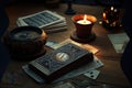 Tarot cards and burning candles on wooden table at night. Fortune telling and reading future. Astrology horoscope