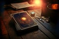 Tarot cards and burning candles on wooden table at night. Fortune telling and reading future. Astrology horoscope