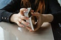 Tarot cards, Tarot card divination, esoteric background. A woman makes a layout on the cards at the table. Divination Royalty Free Stock Photo