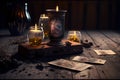 Tarot cards, crystal ball and burning candles on wooden table at night. Fortune telling and reading future. Astrology