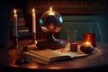 Tarot cards, crystal ball and burning candles on wooden table at night. Fortune telling and reading future. Astrology