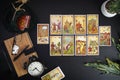 Tarot cards and esoteric concept. Magic rituals. Mystical table with details