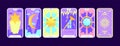 Tarot cards flat deck cartoon. Taro card major arcanas Include of star, moon, sun, judgement and world occult vector