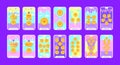 Tarot cards flat deck cartoon. Taro card minor arcanas suit of coins, occult vector game set. Full pentacle pack of