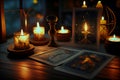 Tarot cards on fortune teller old desk background. Future reading
