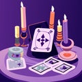 Tarot cards, fortune teller table with tarot cards, candles. Vector illustration in flat style Generative AI Royalty Free Stock Photo