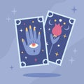 Tarot cards with hamsa hand, flower, isoteric eye illustration in flat cartoon style. Magic witchcraft Halloween Royalty Free Stock Photo