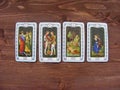 Tarot cards medieval close up, The Deuce Two of Tarot Decks on wooden background Royalty Free Stock Photo