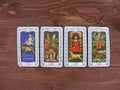 Tarot cards medieval close up, The Dozens of Tarot ten of Tarot Decks on wooden background Royalty Free Stock Photo