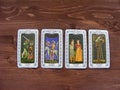 Tarot cards medieval close up, The Eight of Tarot Decks on wooden background