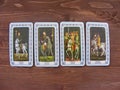 Tarot cards medieval close up, The Knights of Tarot Decks on wooden background Royalty Free Stock Photo