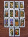 Tarot cards medieval close up, The Swords of Tarot Decks on wooden background Royalty Free Stock Photo