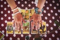 Tarot cards reading divination Psychic readings and clairvoyance concept - fortune teller hands , and Horoscopes Royalty Free Stock Photo