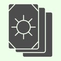 Tarot cards solid icon. Oracle card stack with sun circle image glyph style pictogram on white background. Occult Royalty Free Stock Photo