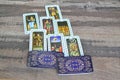 Tarot cards spread displayed on a table.Tarot card of divination, mystic and magic