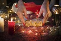 Tarot cards on table, Fortune teller reading on Christmas decoration.